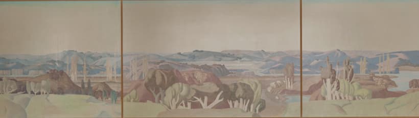 3 panel landscape of desert in watercolor