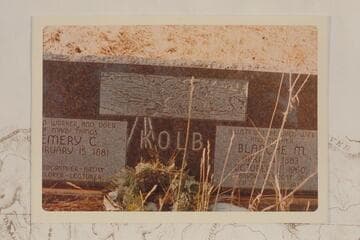 Kolb grave markers in cemetery at South Rim. Emery and Blanche M. Kolb. Emery was alive and living at the South Rim at the time the headstone was photographed