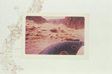 Stanley-Allan boloney heading into Rapid No. 18 at the lower end of One Mile Rapid. Approximate gauge 55,900 cfs. Print sent by Somerville. One Mile Rapid ends at approximately Mile 204