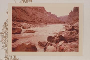 Rock at left margin trapped the Best Expedition Boat #1. Mile 204 1/2; July 21, 1891. One inscription is at lower left