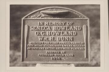 Bronze plaque placed on wall at Separation Canyon by Colorado River Club, the Dusty Dozen, the Dirty Dozen, 1934, Aug. 03. It was removed and a larger plaque substituted 1939, Aug. 28, then returned to a place near the other plaque 1971, Nov. 27