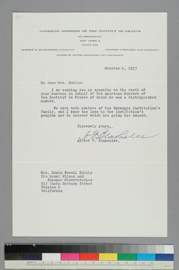 Albert Blakeslee, president of the American Members of the Institut de France, sends his condolences to GBH