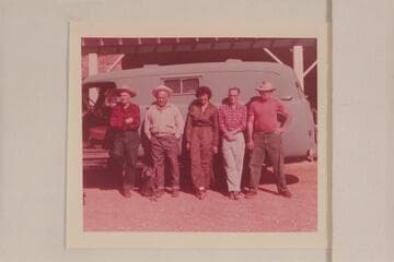 Georgie White party on the San Juan. Second from left is Powell; then Georgie White, Lefty Bryant, and J. R. White