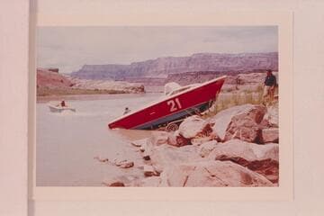 Launching the "Big Red" at Lees Ferry. The "Wee Yellow" is pulling it off the trailer