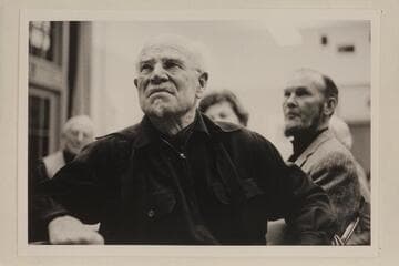 Dock Marston listens to speeches; Emery Kolb's birthday party; Grand Canyon. Jim Jordan at right