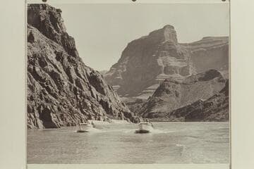 The Wright-Rigg inboard motor boats at the end of their first run through the Grand Canyon in 1952. Lake Mead about 5 miles below Separation Canyon. The boat on the right was named "The Goat."