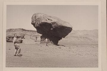 Balanced rock between Highway 89 and Lees Ferry. Crew of NBC TV Wide Wide World study the picture possibilities