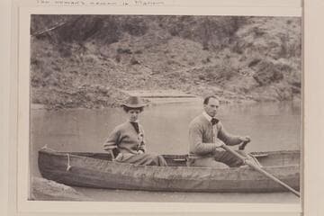 Ellsworth Kolb's first boating experience. Posed at the oars of one of Dave Rust's folding canvas boats near Bright Angel Creek. The young lady is trying to appear calm