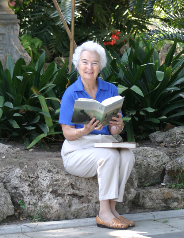 Carol Pearson sitting by the Huntington Art Gallery. Photograph by Melissa Hoagland.