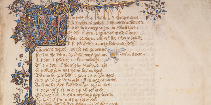 The opening page of the Ellesmere manuscript of Geoffrey Chaucer's